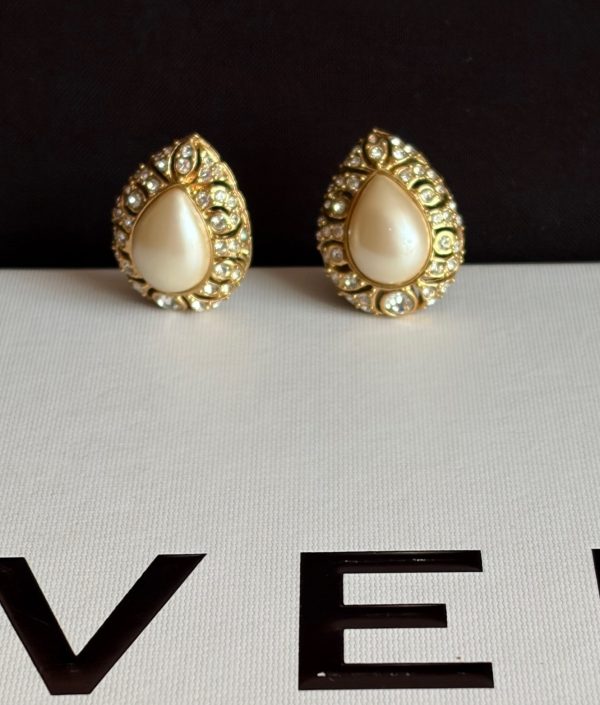 givenchy vintage oval pearl diamanté crystals gold tone earrings c.1980s