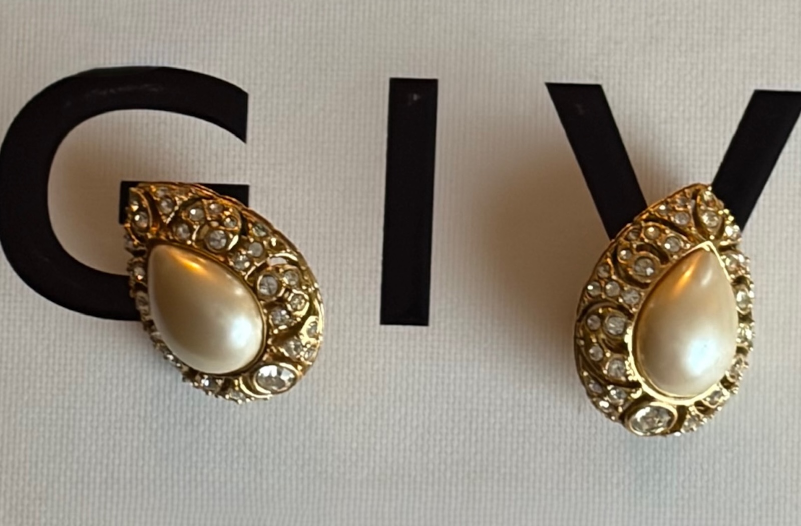 givenchy vintage oval pearl diamanté crystals gold tone earrings c.1980s