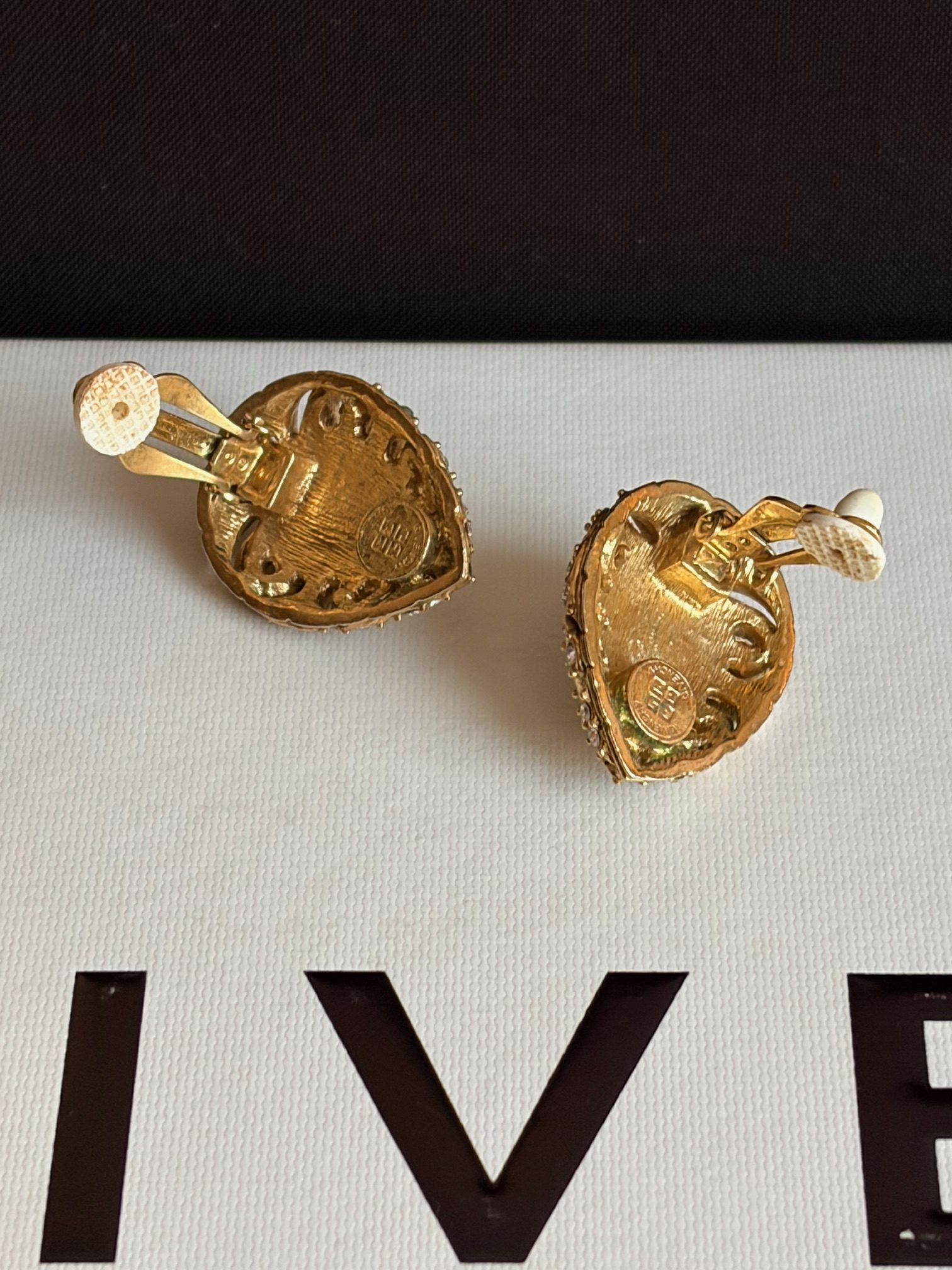 givenchy vintage oval pearl diamanté crystals gold tone earrings c.1980s