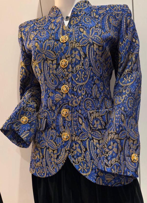 yves saint laurent vintage blue gold brocade paisley gripoix jewel buttons blazer jacket 1994
