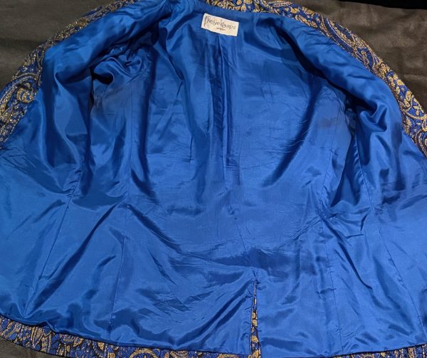 yves saint laurent vintage blue gold brocade paisley gripoix jewel buttons blazer jacket 1994