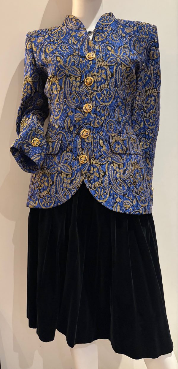 yves saint laurent vintage blue gold brocade paisley gripoix jewel buttons blazer jacket 1994