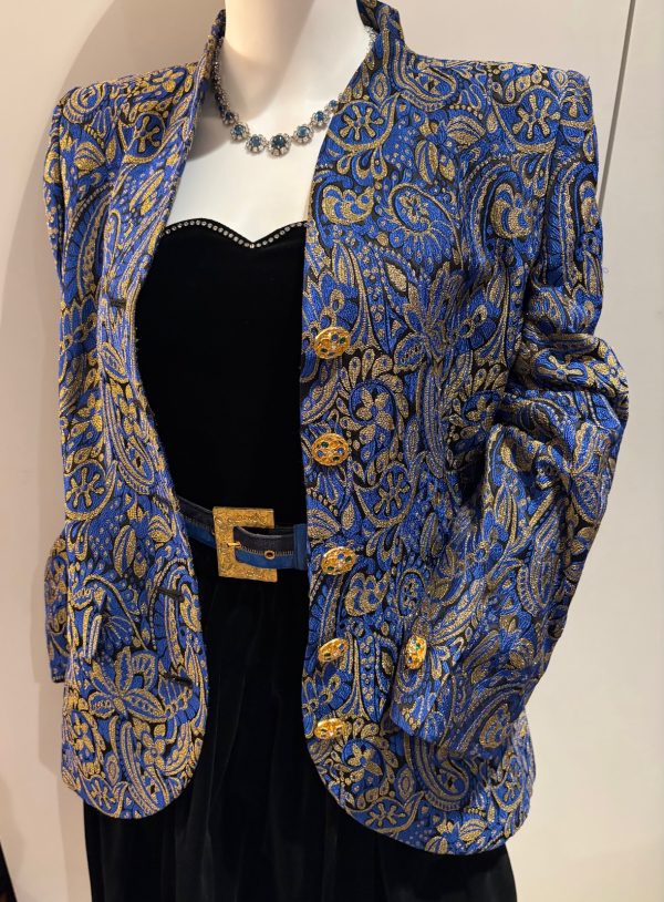 yves saint laurent vintage blue gold brocade paisley gripoix jewel buttons blazer jacket 1994