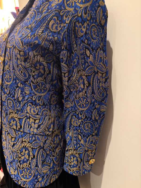 yves saint laurent vintage blue gold brocade paisley gripoix jewel buttons blazer jacket 1994