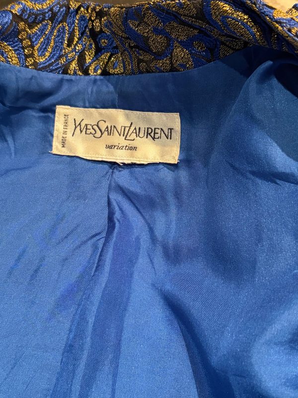 yves saint laurent vintage blue gold brocade paisley gripoix jewel buttons blazer jacket 1994