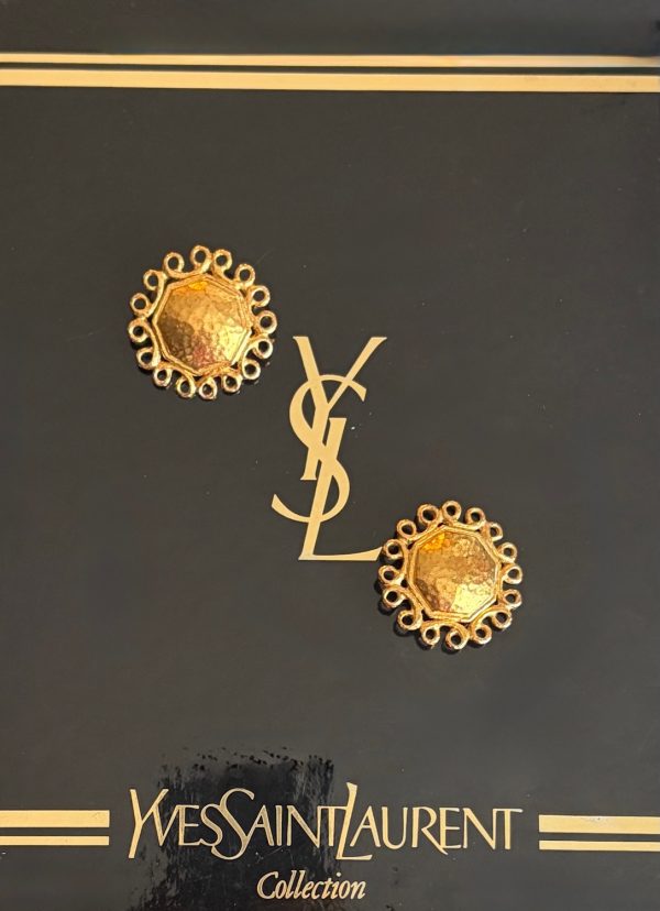yves saint laurent vintage hammered gold tone sun face earrings c.1980s