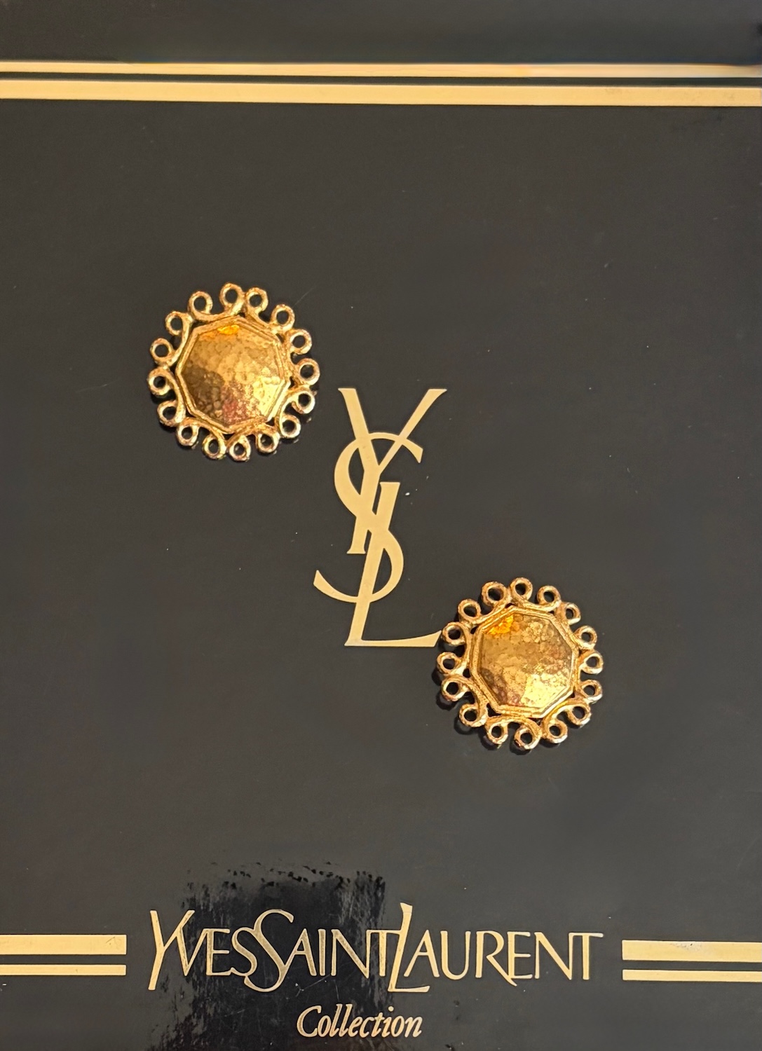 yves saint laurent vintage hammered gold tone sun face earrings c.1980s