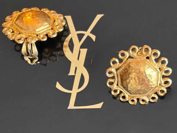 yves saint laurent vintage hammered gold tone sun face earrings c.1980s