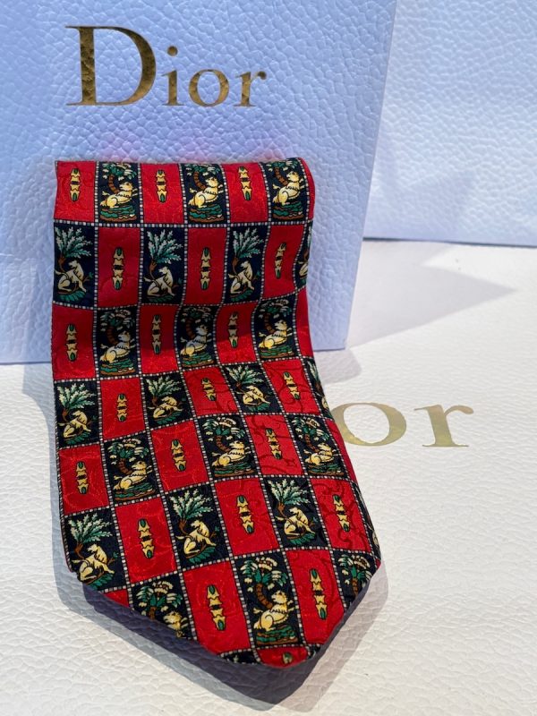 christian dior monsieur vintage tie lion feline red blue multi c.1980s