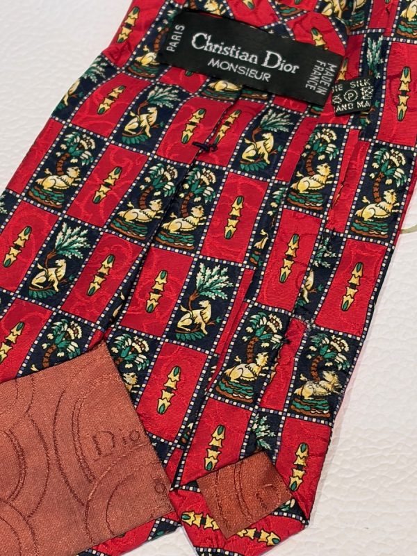 christian dior monsieur vintage tie lion feline red blue multi c.1980s