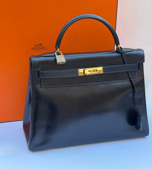hermÈs 1979 iconic kelly 32 navy blue box leather vintage 24k ghw