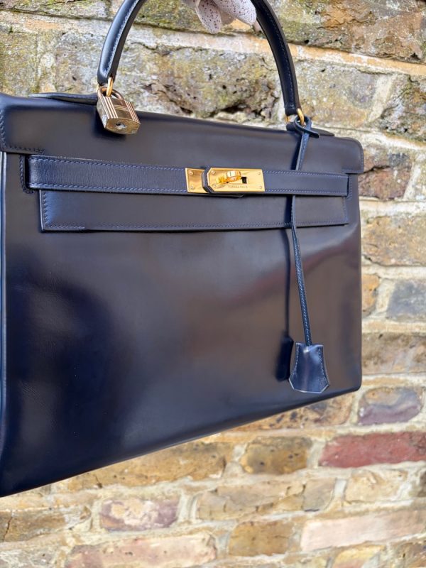 hermÈs 1979 iconic kelly 32 navy blue box leather vintage 24k ghw