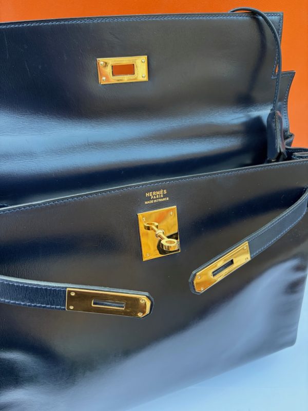 hermÈs 1979 iconic kelly 32 navy blue box leather vintage 24k ghw