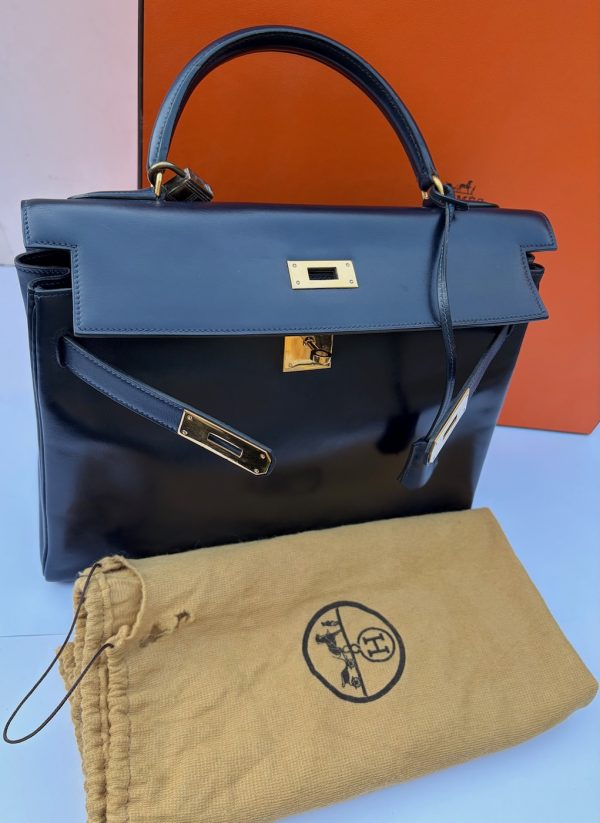 hermÈs 1979 iconic kelly 32 navy blue box leather vintage 24k ghw