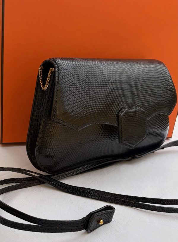 hermÈs vintage black shiny varanus salvatore lizard bag gold hardware c.1970s