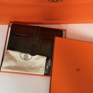 hermÈs vintage jige clutch box leather chocolate brown w/box 1985
