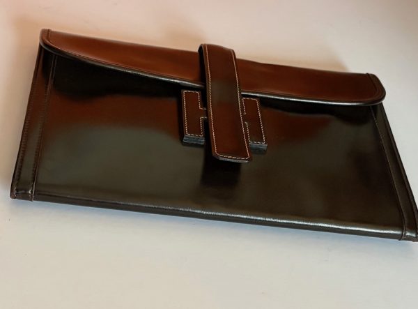 hermÈs vintage jige clutch box leather chocolate brown w/box 1985