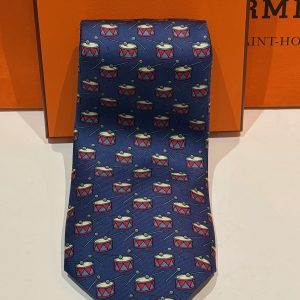 hermÈs vintage navy blue tie red & white drums drumsticks collector w/box