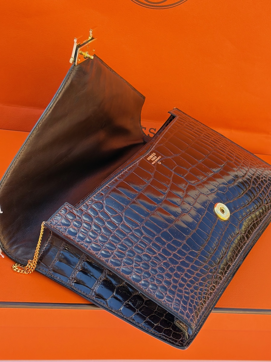 hermÈs vintage rare lydie caiman crocodile(○) stamp brown bag ghw 1981