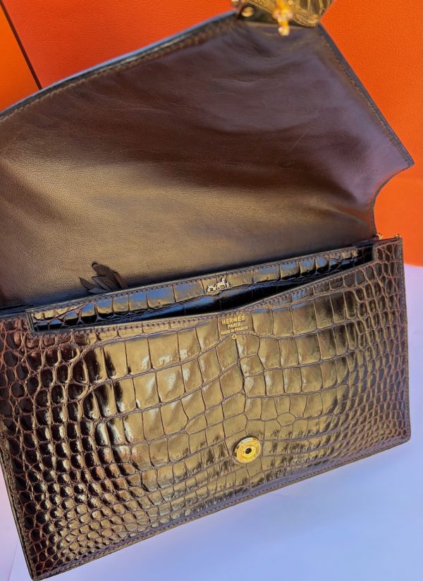 hermÈs vintage rare lydie caiman crocodile(○) stamp brown bag ghw 1981