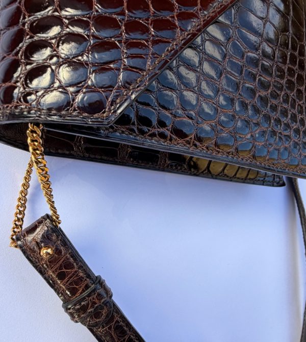 hermÈs vintage rare lydie caiman crocodile(○) stamp brown bag ghw 1981