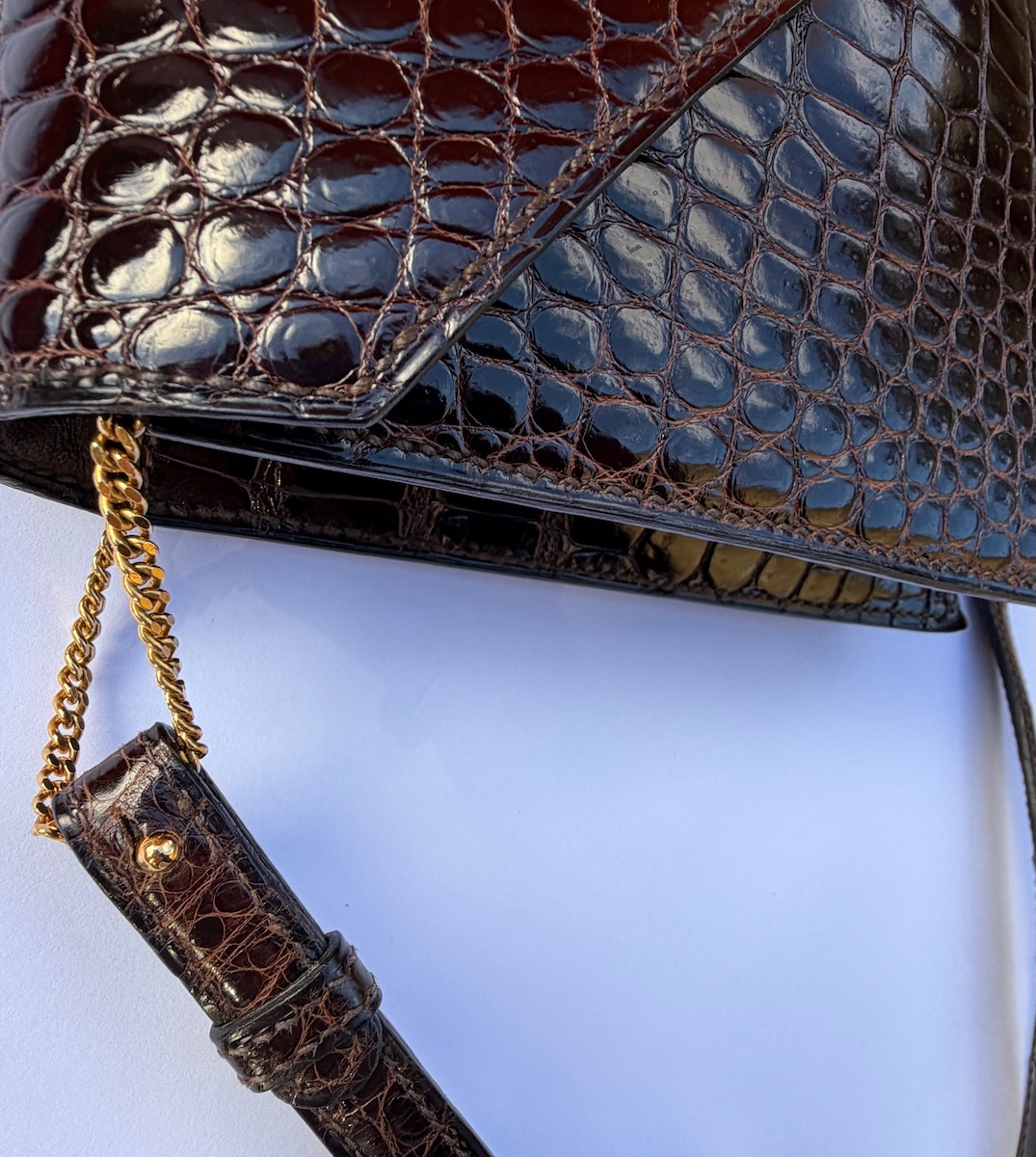 hermÈs vintage rare lydie caiman crocodile(○) stamp brown bag ghw 1981