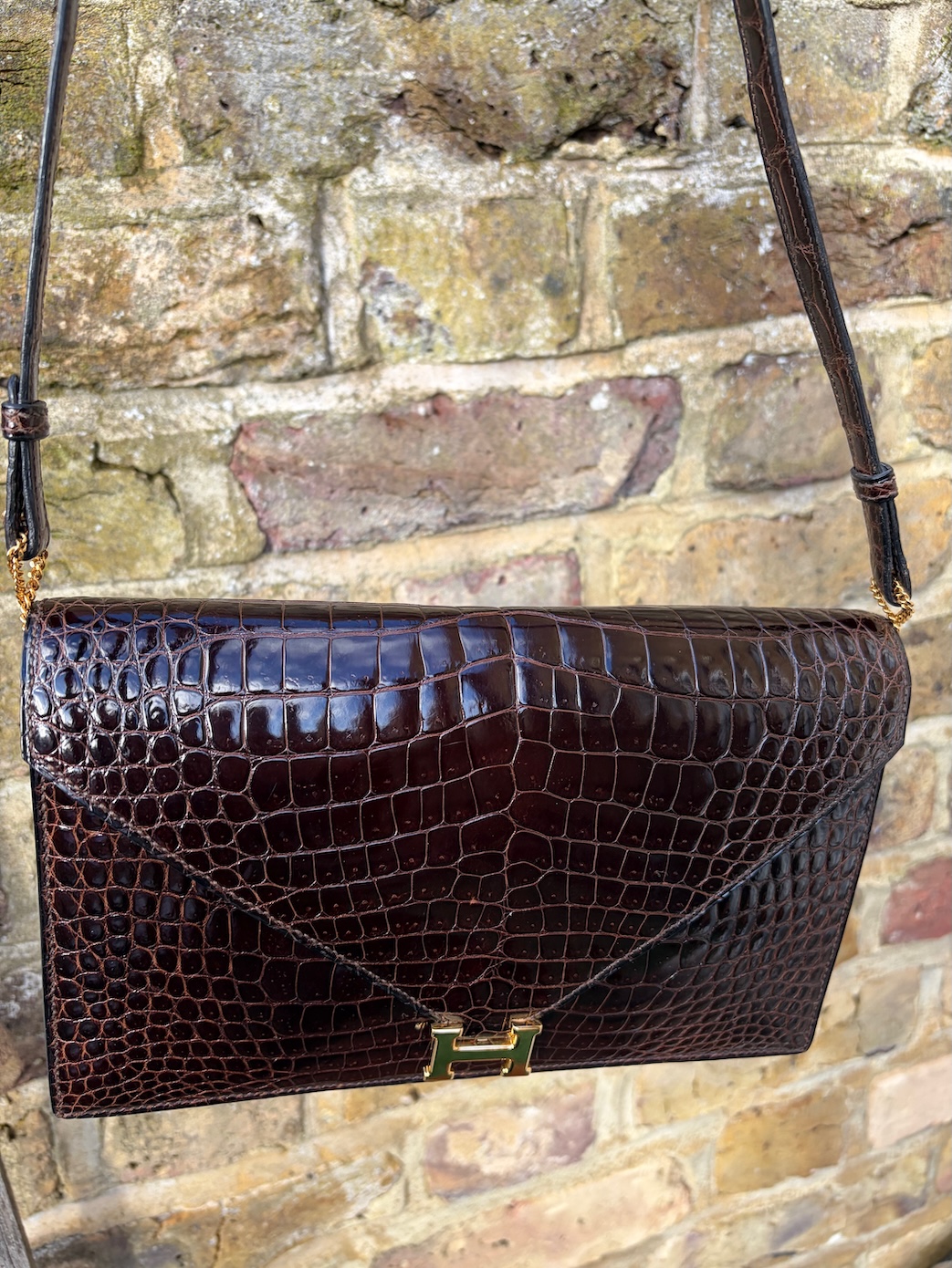 hermÈs vintage rare lydie caiman crocodile(○) stamp brown bag ghw 1981