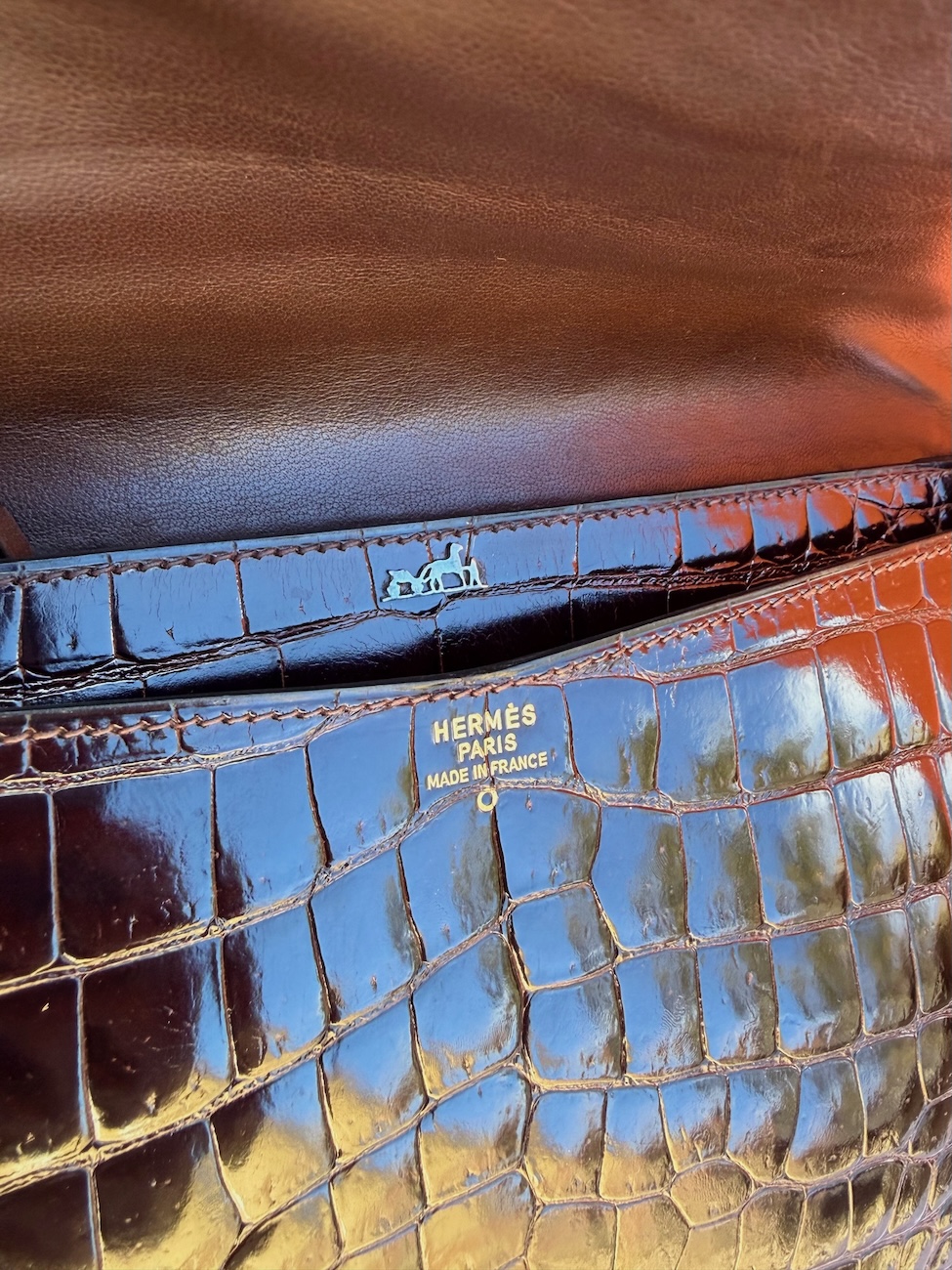 hermÈs vintage rare lydie caiman crocodile(○) stamp brown bag ghw 1981