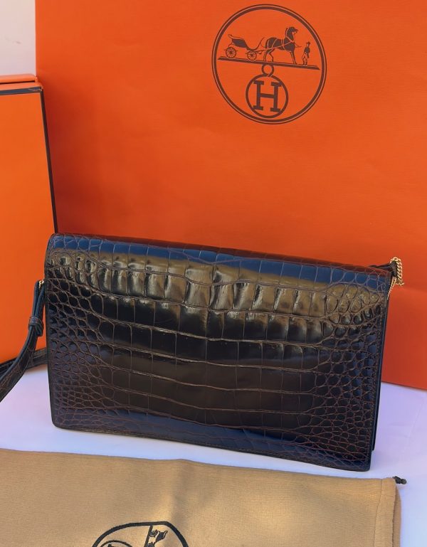 hermÈs vintage rare lydie caiman crocodile(○) stamp brown bag ghw 1981