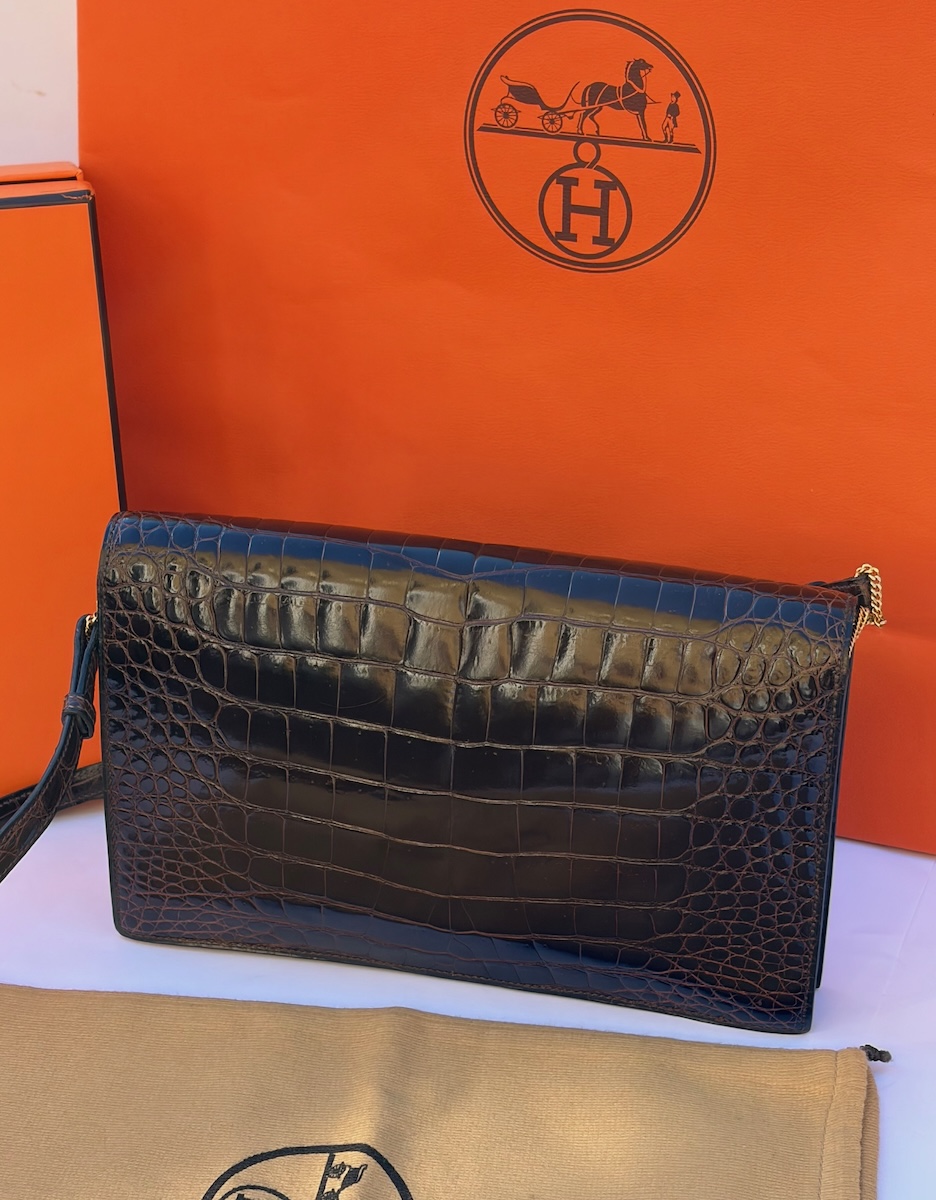 hermÈs vintage rare lydie caiman crocodile(○) stamp brown bag ghw 1981