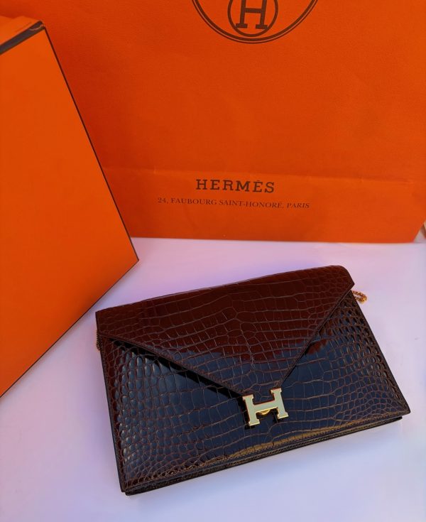 hermÈs vintage rare lydie caiman crocodile(○) stamp brown bag ghw 1981