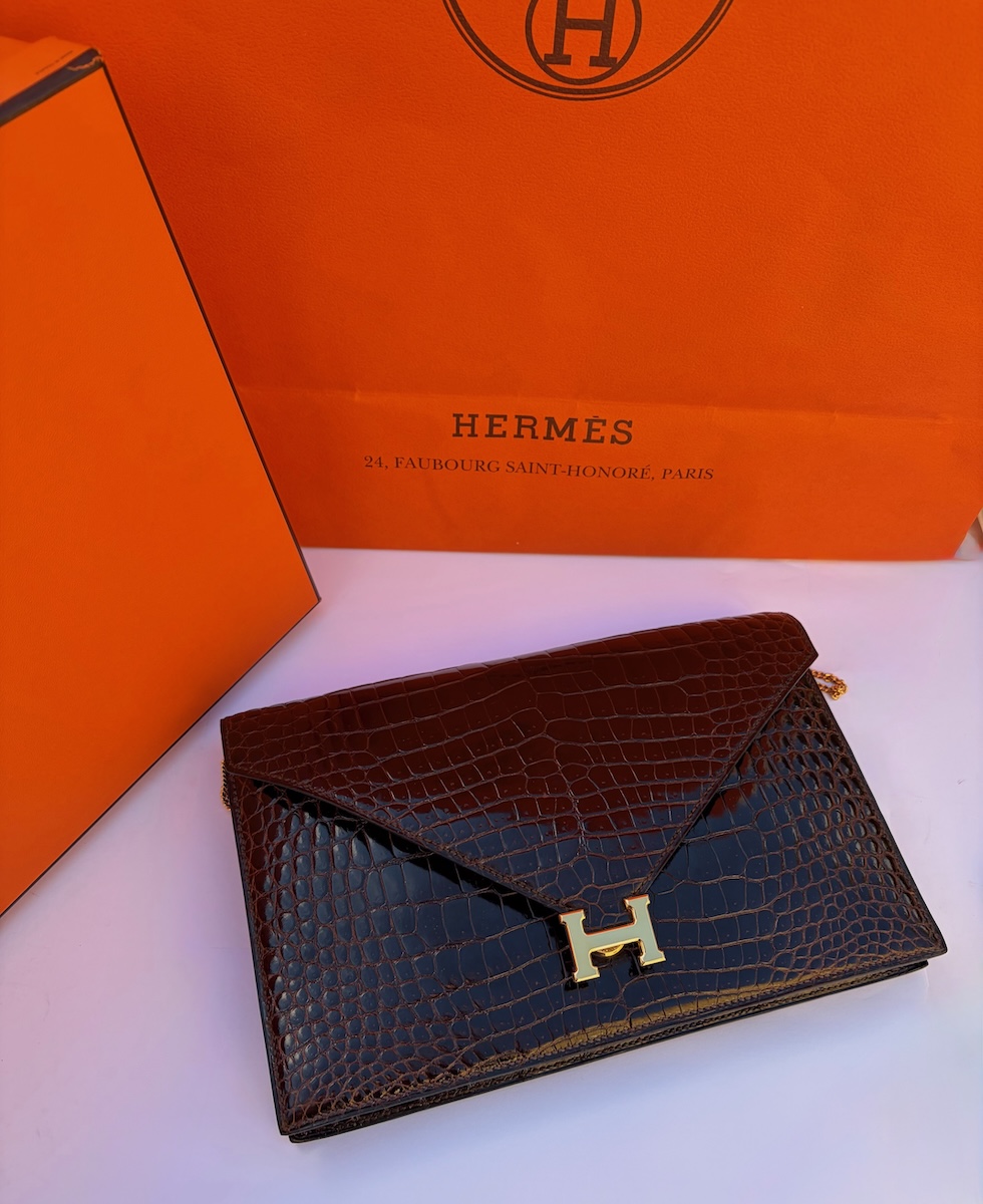 hermÈs vintage rare lydie caiman crocodile(○) stamp brown bag ghw 1981