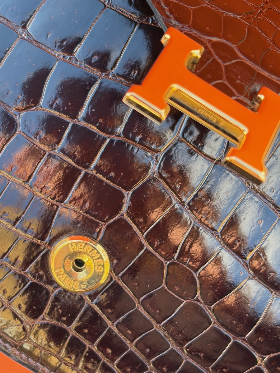 hermÈs vintage rare lydie caiman crocodile(○) stamp brown bag ghw 1981