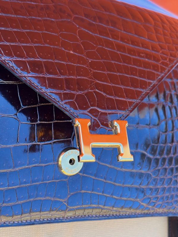 hermÈs vintage rare lydie caiman crocodile(○) stamp brown bag ghw 1981