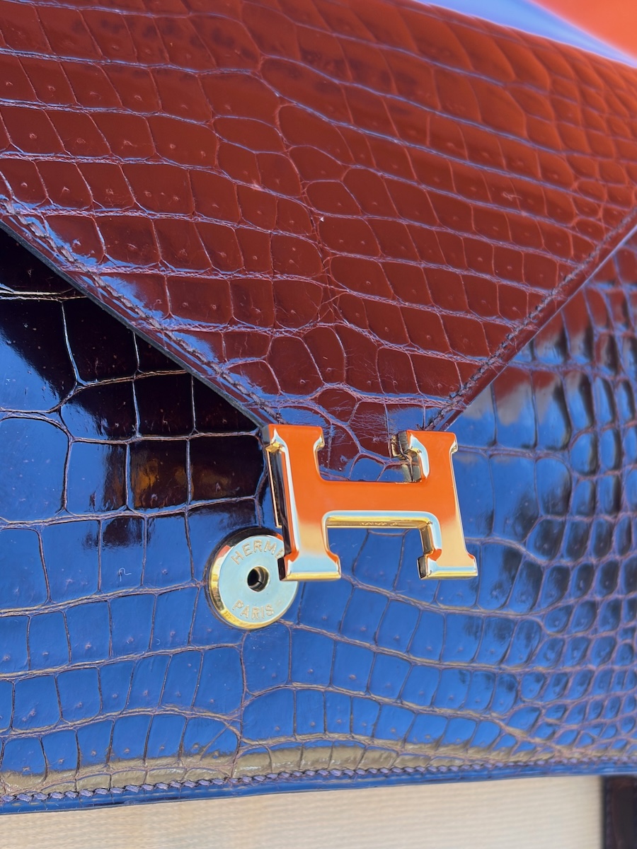 hermÈs vintage rare lydie caiman crocodile(○) stamp brown bag ghw 1981