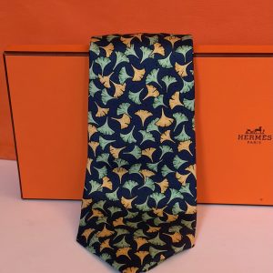 hermÈs vintage tie ginkgo floral leaf navy & multi collector w/box c.90s