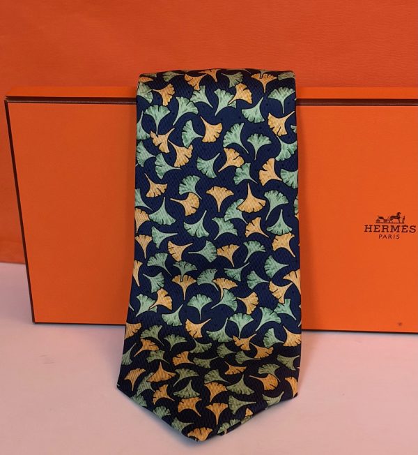 hermÈs vintage tie ginkgo floral leaf navy & multi collector w/box c.90s