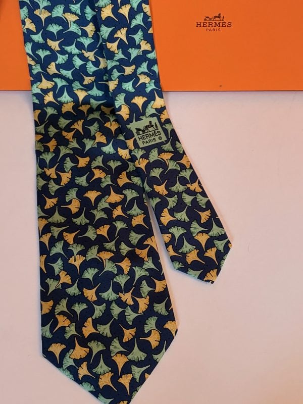 hermÈs vintage tie ginkgo floral leaf navy & multi collector w/box c.90s