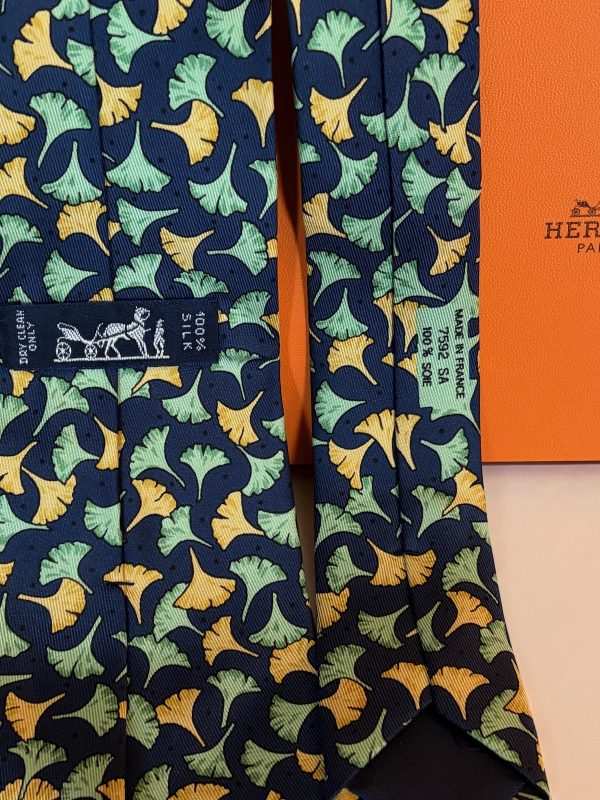 hermÈs vintage tie ginkgo floral leaf navy & multi collector w/box c.90s