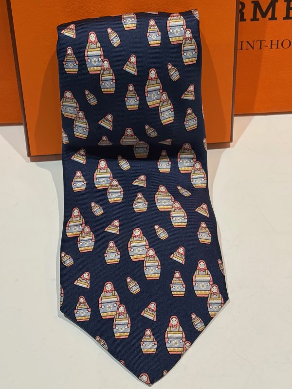 hermÈs vintage tie 'poupées russes' matryoshka russian dolls navy & multi collector w/box