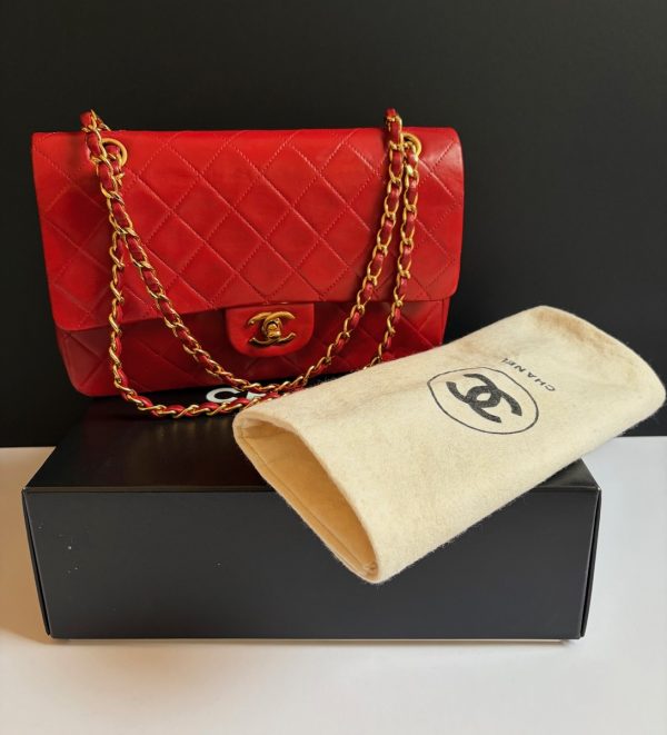 chanel 1984 vintage archival iconic red 2.55 timeless double flap 24k ghw w/box
