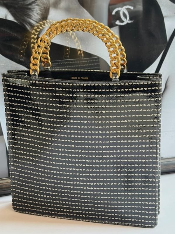 chanel 1991 vintage houndstooth rectangular tote 24k ghw black white bag