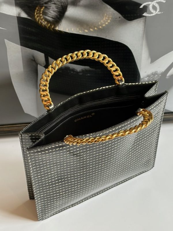 chanel 1991 vintage houndstooth rectangular tote 24k ghw black white bag