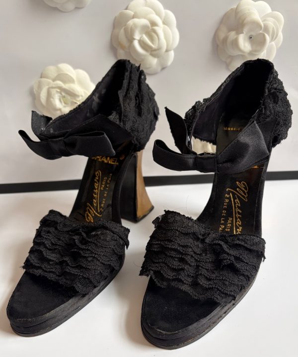 chanel by massaro haute couture black lace ruffles bow heels sandals 1990
