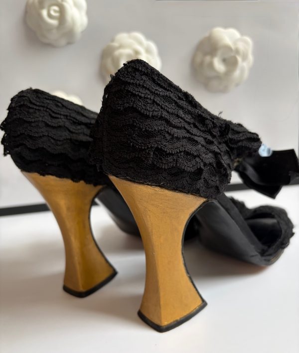chanel by massaro haute couture black lace ruffles bow heels sandals 1990