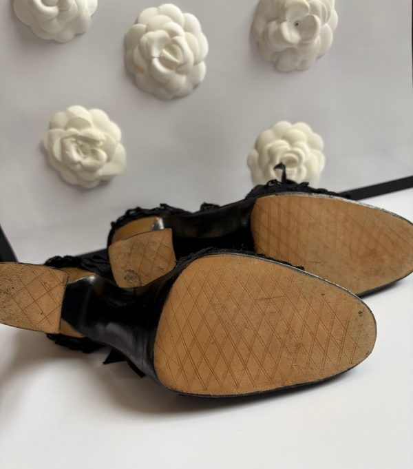 chanel by massaro haute couture black lace ruffles bow heels sandals 1990
