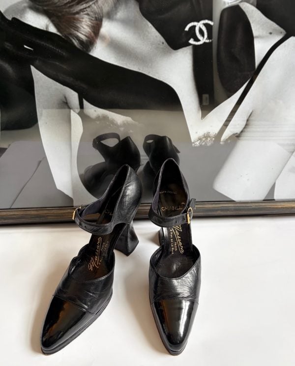 chanel by massaro haute couture signature two tone black leather high heels pump 1990