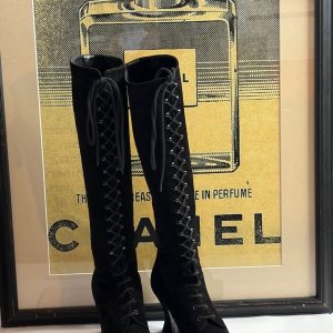 chanel cc logo black suede lace up knee high boots victorian high heels 1990s