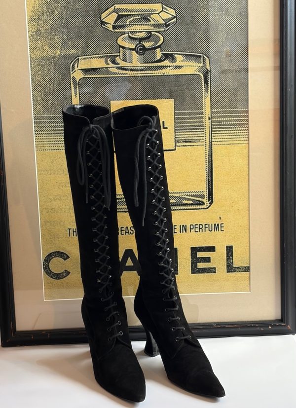 chanel cc logo black suede lace up knee high boots victorian high heels 1990s