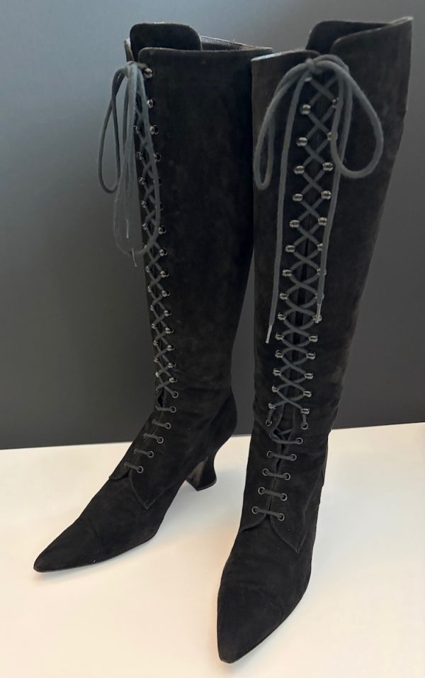chanel cc logo black suede lace up knee high boots victorian high heels 1990s